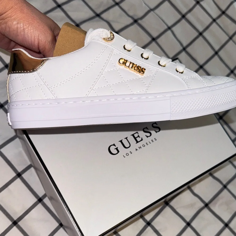 Guess Women's White and Gold Quilted Sneakers